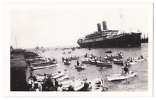 Port Said Egypt Suez Canal Ships Row Boats People Dock RPPC Postcard picture