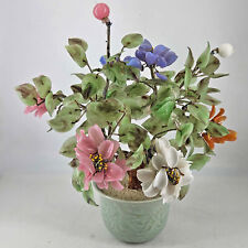 Vintage Jade Glass Bonsai Tree Multi Color Flower Rose Quartz Celadon Pot 13