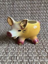 VINTAGE RETRO SMALL CERAMIC PINK YELLOW CREAM & GOLD ACCENT ADORABLE PIG PLANTER picture