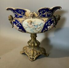 ANTIQUE VICTORIAN GILT METAL MOUNTED MAJOLICA COMPOTE WITH CHERUBS picture