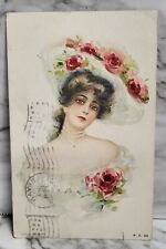 Antique Postcard. Fancy Lady. Linen. Red Roses. 1909. Posted. Franklin 1cent... picture