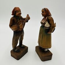Huggler Wyss Hand Carved Wooden Swiss Figurines Musician Farmer Chicken Pair picture