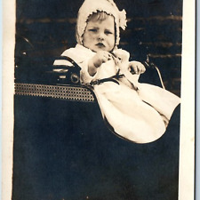 c1910s Cute Baby Boy Girl Stroller RPPC Child Bonnett Hat Candid Real Photo A214 picture