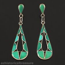 NATIVE AMERICAN ZUNI HANDMADE STERLING SILVER & TURQUOISE INLAY EARRINGS picture