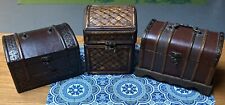 3-Vintage Wood, Tin, Wicker and Leather Treasure Chest with handle and Latches picture