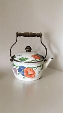 Vintage 70s ASTA Germany Enamel Tea Kettle Teapot Floral with Lid Wood Handle picture