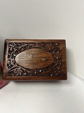 Vintage Wooden Hand Carved India Sheesham Floral Inlay Lined Hinged Trinket Box picture