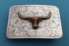 Rare Antique Cowboy Western Sterling Silver Ruby Red Eyed Longhorn Belt Buckle picture