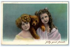 c1910's Girls Curly Hair Teddy Beer Jolly Good Friends Unposted Antique Postcard picture