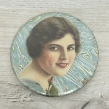 Vintage Antique Celluloid 2.5” Pocket Purse Mirror Pretty Lady Holding Rose  picture