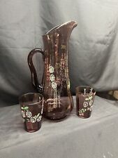 Antique Amethyst Glass Enamel Hand Painted Pitcher And (2) Matching Glasses picture