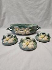 Vintage Roseville Blue Clematis Set  2 Handled Dish & Matching Candle Holders picture