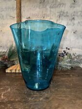 Vintage Blenko Large 404s Turquoise Handkerchief Vase MCM 10” Hand Blown picture