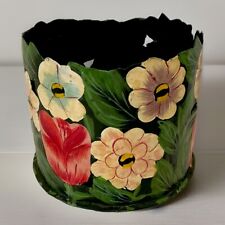 Vtg Round Tin Tole Rustic Planter Box Scalloped Edge Hand Painted Flora India 6” picture