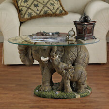 Mother and Calf African Elephant Oval Glass Top Side Occasional Cocktail Table picture