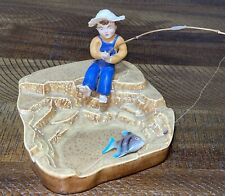 Vintage Little Fishing Boy Ceramic Ashtray w/Hat & Overalls & Pole picture
