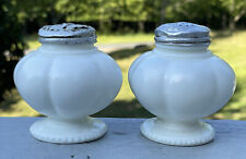 Pair of Antique EAPG Victorian Pearlescent Milk Glass Bead Footed Melon Shakers picture