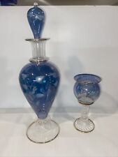 Blue Glass Vase w/ Lid Beautiful Reflective Blue Hue 14.5 inches Tall w/goblet picture