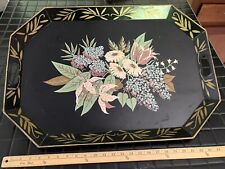 Vintage 1950's Large Toleware Black Metal Hand Painted Flower Tray picture