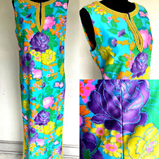 VTG 1960's Floral Tunic Kaftan Dress Mod Hippy Couture Stitches Excellent L XL picture