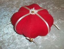 Vintage Red Pinwale Corduroy Gold Tone Heart Charm Seamstress Sewing Pin Cushion picture