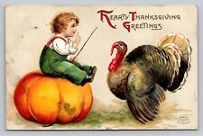 Postcard  Hearty Thanksgiving Greetings Child Turkey U/S Clapsaddle 1908 D460 picture