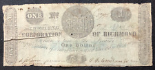 1861 Corporation of Richmond VA $1  One Dollar Currency Bank Note Obsolete picture