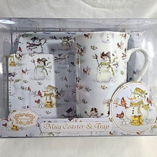 Kent Pottery Snowman w Birds Coffee Mug Coaster & Tray 3 pc Set New in Box picture