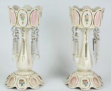Pair Of Antique Porcelain Victorian French Panel Mantel Lusters W/Crystal Prisms picture