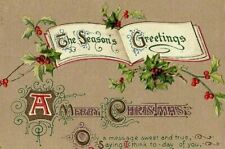 1912 Christmas Winsch Postcard Greetings John Embossed Vtg Holly Berries Poem picture
