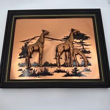 John Louw Copper Relief 3-D Art Three Giraffes 16” x  13” Framed Wall Art Signed picture