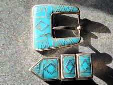 Vintage ZUNI NATIVE AMERICAN OPAL & TURQUOISE Stone Inlay SILVER Ranger Buckle picture