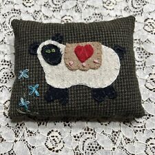 Beautiful Primitive Wool Felt Appliqué Sheep Heart Pin Cushion Pillow 5x4” picture