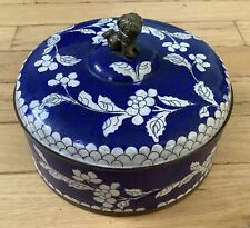 Vintage Cloisonné Round Brass Trinket Box w Lid & Sections Foo Dog Blue White 6” picture