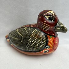 Vtg Folk Art Pottery Duck Figurine Hand Painted Colorful 7” Redware picture