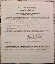 April 10 1991 Henley Properties Hampton NH Notice of Annual Stockholders Meeting picture