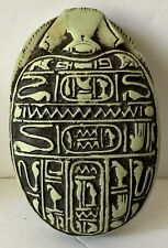 Vintage Egyptian Hand Carved Green Stone Scarab Beetle w/ Hieroglyphs picture