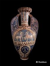 Spanish Alhambra Twin Handled Hispano-Moresque Glazed Pottery Vase Iron Stand picture