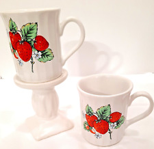 Cute VTG Strawberry  Coffee Mugs Set of 2 Made in Korea White Ribbed picture