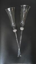 2 Champagne Flutes Long Stem Crystal Rhinestone Ball No Base Footless Silver Rim picture