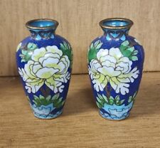 2 Vintage Brass Blue Enamel Cloisonne Floral Pair Small Miniature Vases 3