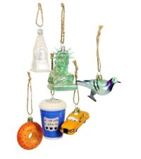 Set Lot 6 New York Glass Ornaments - Pigeon Liberty Bagel Coffee Taxi Car City picture