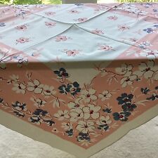 VINTAGE 50’s  DOGWOOD FLORAL TABLECLOTH PINK PERIWINKLE BLUE & BURGUNDY 50”X48” picture