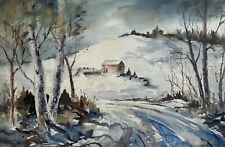Original Signed Watercolor Painting Winter Countryside 28” x 21” with Frame picture
