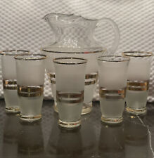 VTG 1950’S PITCHER SET WITH  5  FROSTED GLASSES FEATURING NIPPED  BAND TRIM picture