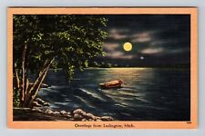 Ludington MI-Michigan, General Greetings, Moonlit Boat, c1953 Vintage Postcard picture
