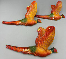 Vtg 3 Pc Pheasant Flying Hunting Chalkware  MCM Wall Hanging Art Decor picture