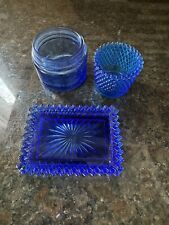 Lot Of 3 Vtg Colbolt Blue Glass. Condiment 4”x3” Plate toothpick Holder Noxema picture