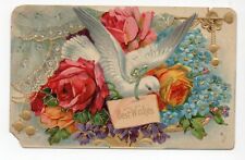 Beautiful Roses Blue Flowers Dove Lace Best Wishes Embossed Vintage Postcard picture