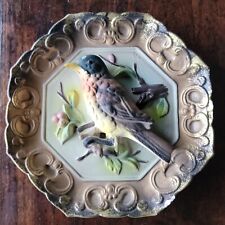 Vintage Octagon 3D Bird Plaque 6” Robin Bird Flower Painted Cottage Core picture